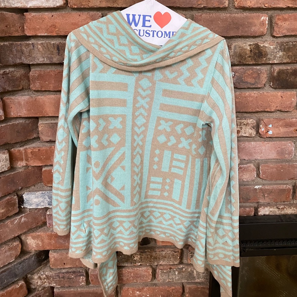 Teal and grey pattern cardigan sweater by Dina Be